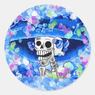 Sticker Rond Rire Skeleton Woman dans Blue Bonnet