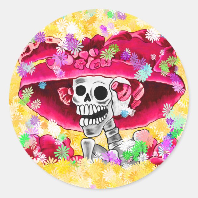 Sticker Rond Rire Skeleton Woman dans Red Bonnet (Devant)