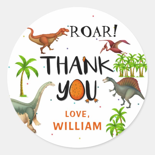 Sticker Rond Roar Dinosaur Jungle Anniversaire Merci (Devant)