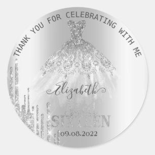 Sticker Rond Robe à gouttes de paillettes argentées Sweet 16