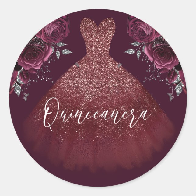 Sticker Rond Robe à paillettes burgundy et fête Quinceanera flo (Devant)