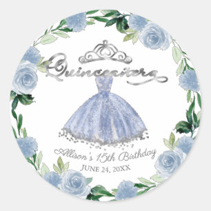 Sticker Rond Robe argentée bleu clair de Quinceanera florale