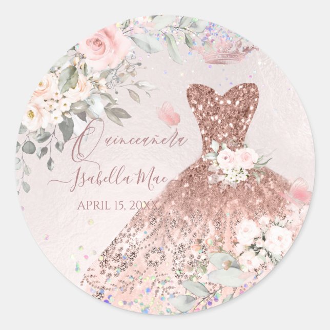 Sticker Rond Robe de coing Quinceanera Rose Gold Parties scinti (Devant)