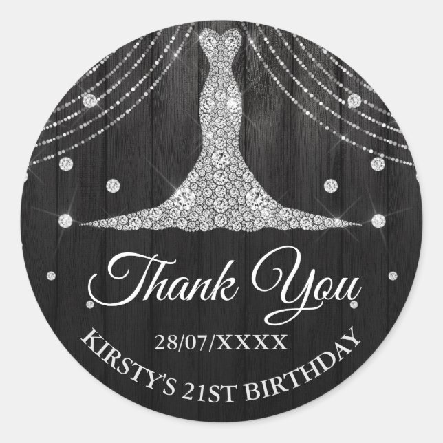 Sticker Rond Robe de fête d'anniversaire diamant noir argenté (Devant)