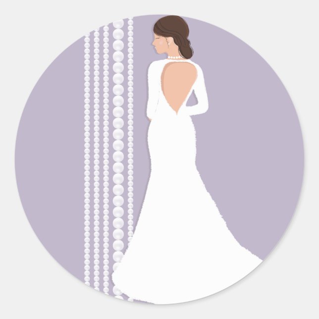 Sticker Rond Robe de Mariée Blanche Moderne et Collier de Perle (Devant)