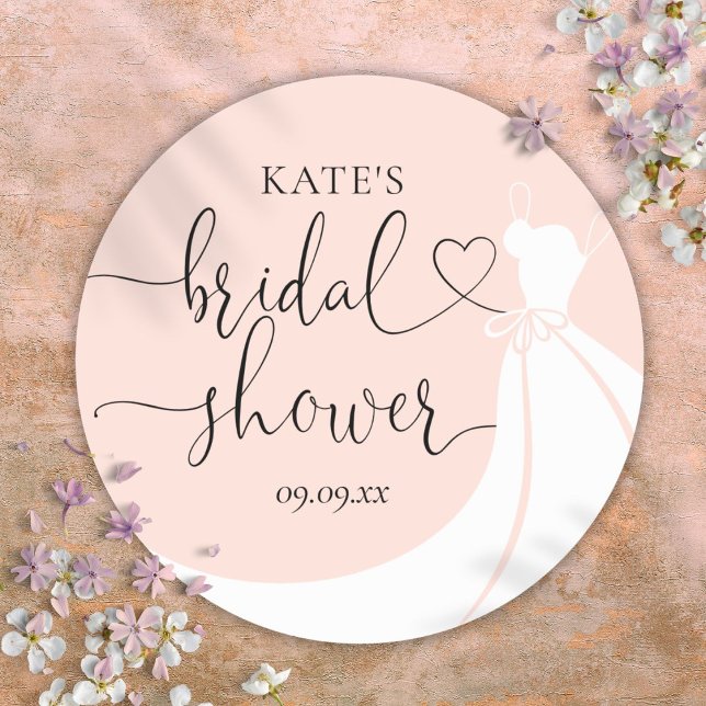 Sticker Rond Robe de Mariée Élégante Rose Rose Pâle pour Enterr (Blush Pink Elegant Wedding Dress Bridal Shower Classic Round Sticker)