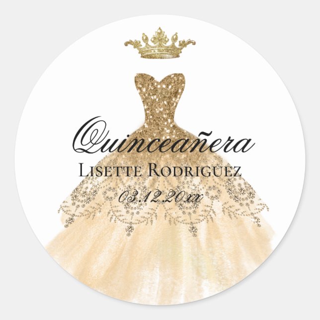 Sticker Rond Robe de princesse couronne d'or Quinceanera Party (Devant)