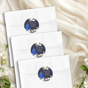 Sticker Rond Robe de princesse de Quinceanera bleu foncé floral