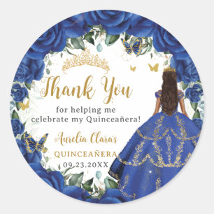 Sticker Rond Robe de princesse florale bleu royal Quinceañera 1
