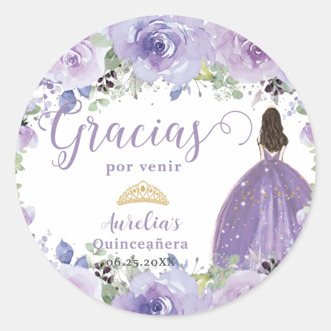 Sticker Rond Robe de Princesse Quinceañera Fleur de Lilas Viole (Devant)