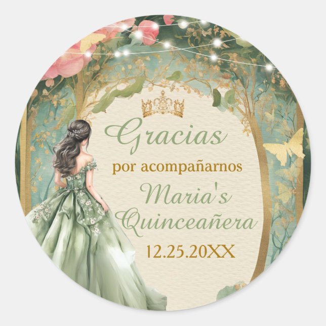 Sticker Rond Robe de princesse vert sauge Forêt dorée Mis Quinc (Devant)