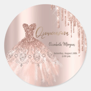 Sticker Rond Robe de Quinceañera à gouttes de paillettes en or