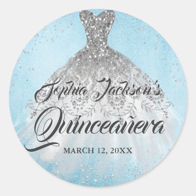 Sticker Rond Robe de Quinceanera Blue Silver Diamond Sparkle (Devant)