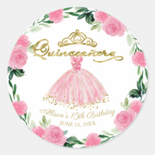 Sticker Rond Robe de Quinceanera Fleur rose chaud