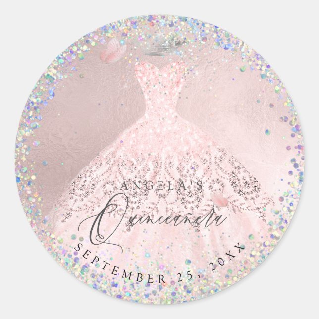 Sticker Rond Robe de Quinceanera Holographique Confetti Blush (Devant)