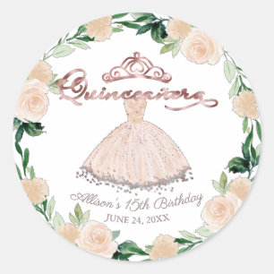 Sticker Rond Robe de Quinceanera Rose Gold Blush Fleur Rose