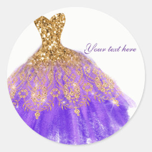 Sticker Rond Robe de soirée à paillettes violettes et dorées po