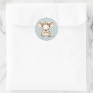 Sticker Rond Robe de souris florale mignonne Couronne de fleurs