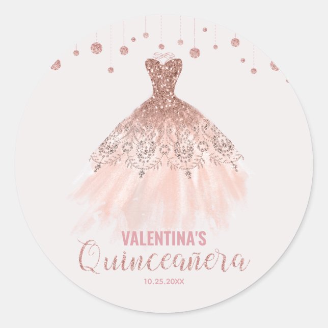 Sticker Rond Robe d'or rose Quinceañera 15e anniversaire Faveur (Devant)