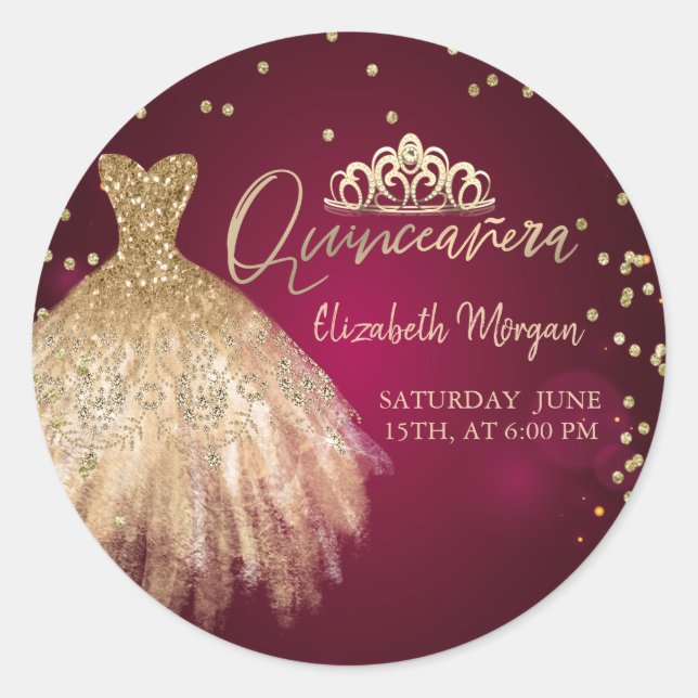 Sticker Rond Robe d'or Tiara, Diamonds Bourgogne Quinceañera (Devant)