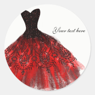 Sticker Rond Robe Élégante Noir Rouge Pailletée Fête d'Annivers