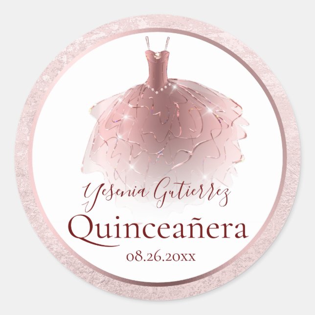 Sticker Rond Robe élégante Rose Gold Quinceañera (Devant)