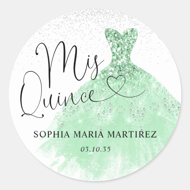 Sticker Rond Robe en argent vert Sage Mis Quince Quinceañera (Devant)