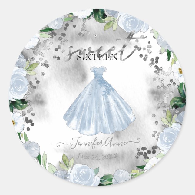 Sticker Rond Robe Fleurie Bleu Poussiéreux 16 Ans Douce (Devant)