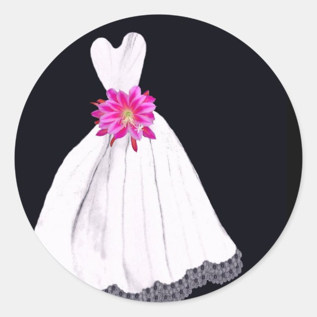 Sticker Rond Robe mariage avec Bouquet de fleurs tropicales ros (Devant)