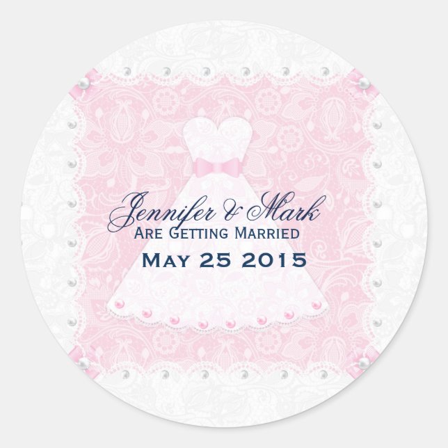 Sticker Rond Robe Mariage rose et blanc & dentelle fleurie Vint (Devant)