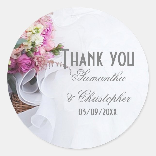 Sticker Rond Robe mariage rose rose fleurie merci (Devant)
