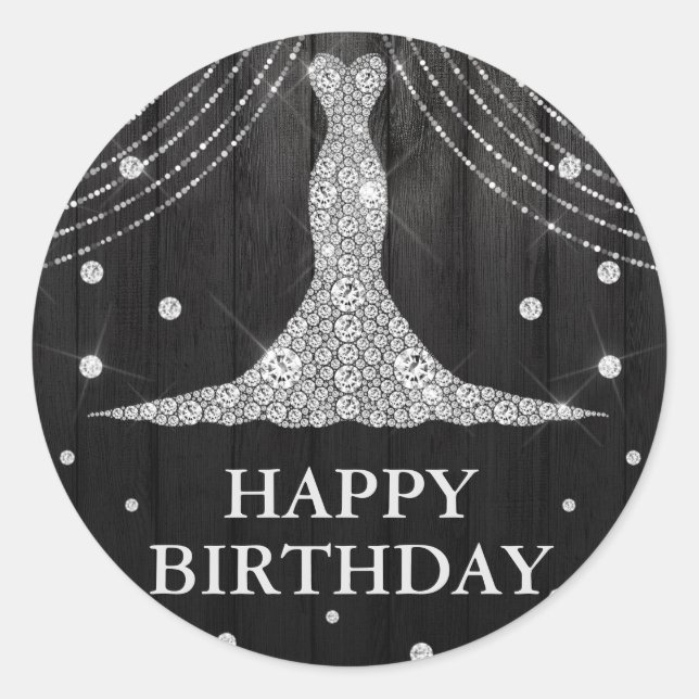 Sticker Rond Robe noire argentée bouteille joyeux anniversaire (Devant)