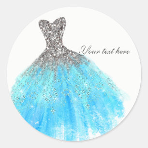 Sticker Rond Robe Pailletée Argent Bleu Aqua Faveur de Fête Gla