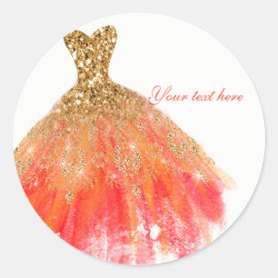 Sticker Rond Robe Pailletée Glamour Orange Doré Cadeau de Fête 