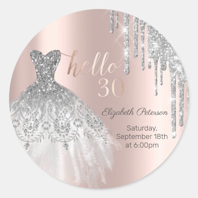 Sticker Rond Robe Parties scintillant Argent Rose Gold 30e anni (Devant)
