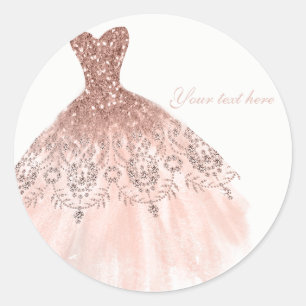 Sticker Rond Robe Pêche Blush Rose Paillettes Glamour Mariage E