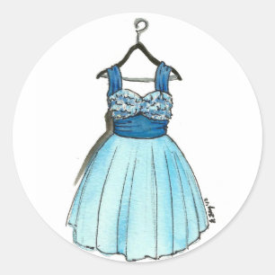 Sticker Rond Robe Prom Bleu Vintage Retro Mode Fashionista
