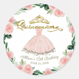 Sticker Rond Robe Quinceanera Rose Fleurs Classique Rond S