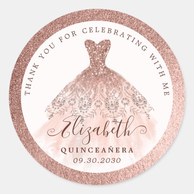 Sticker Rond Robe rose Parties scintillant or QUINCEAÑERA Merci (Devant)