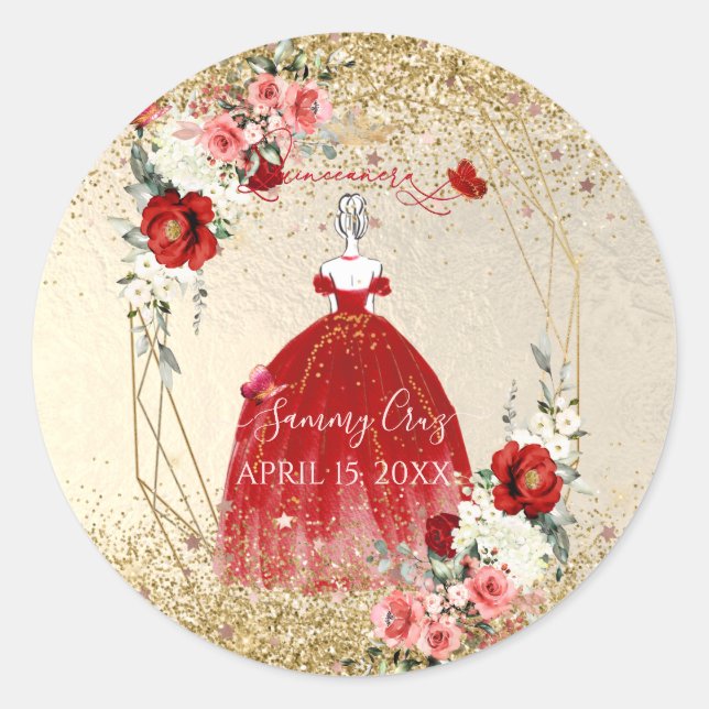 Sticker Rond Robe rouge Fleurs H2 Quinceanera PixDezines  (Devant)