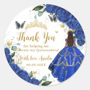 Sticker Rond Robe Royal Blue Floral Quinceañera Vintage Gold