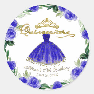 Sticker Rond Robe royale bleue Quinceanera florale