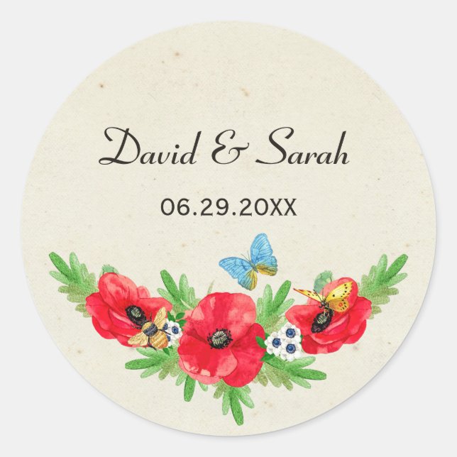 Sticker Rond Robe Rustique Mariage Rouge Poppy avec noms (Devant)
