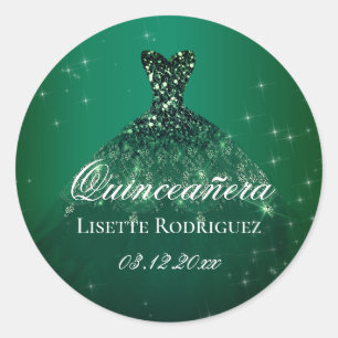 Sticker Rond Robe vert émeraude Quinceanera personnalisée