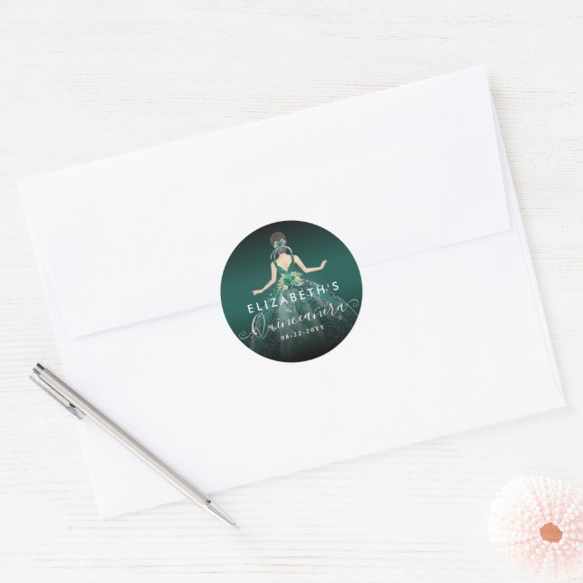 Sticker Rond Robe verte Emeraude Florale Anniversaire Quinceane (Enveloppe)