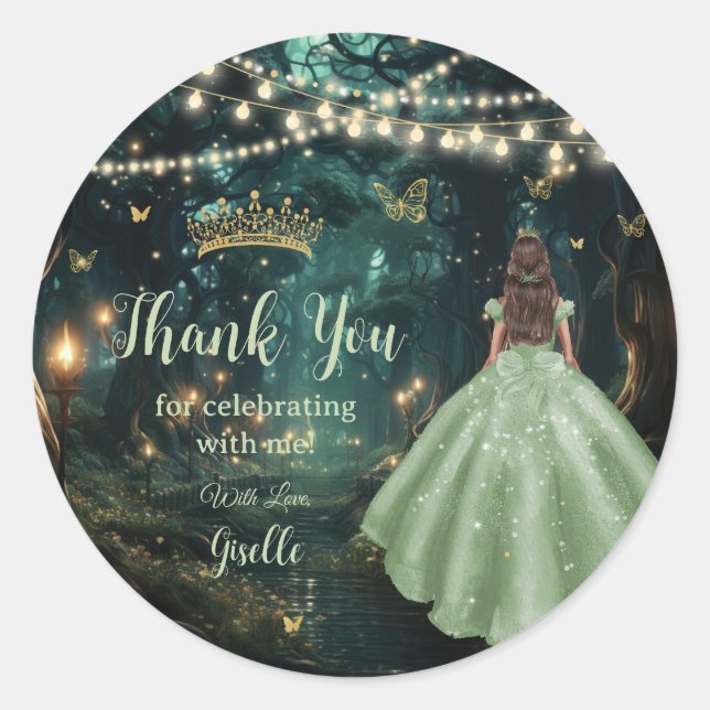 Sticker Rond Robe verte Enchanté Forêt Sage Quinceañera (Devant)