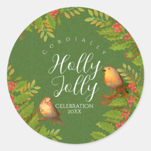 Sticker Rond Robin Birds Holly Berry Green