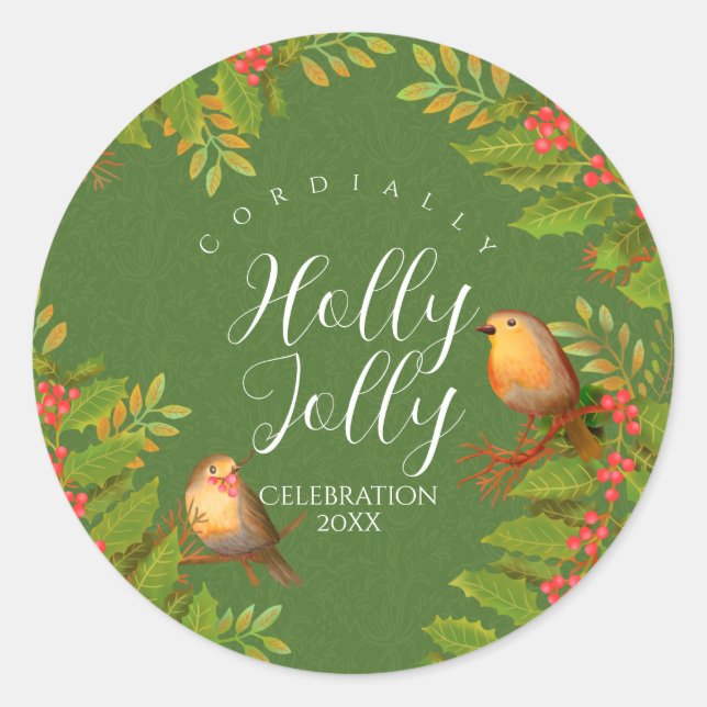 Sticker Rond Robin Birds Holly Berry Green (Devant)
