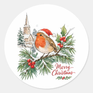 Sticker Rond Robin de Noël à l'aquarelle avec houx et neige