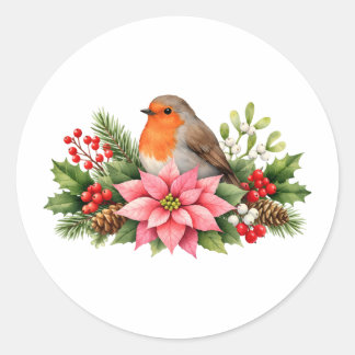 Sticker Rond Robin de Noël à l'aquarelle avec Poinsettia 
